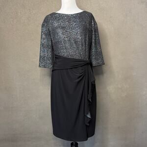 Joseph Ribkoff Black Glitter Dress Size 12 Tie Waist Cocktail